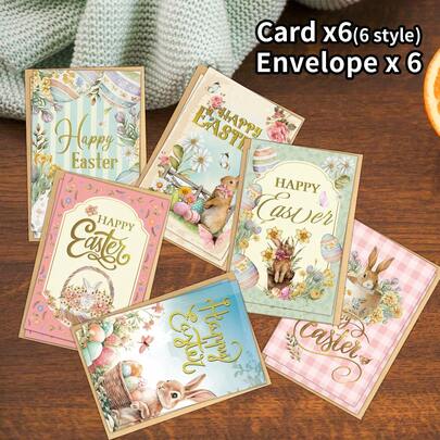 6pcs Vintage Easter Bunny Card Set With Envelopes, Pastel Colors Floral, Bunny, Nature Scenes And "Happy Easter" Text Design, Postcards For Invitation, Holidays, Birthdays, Thank Yous, Easter& Party Favor, Ideal Gift For Colleague Family & Friends, Spring Holiday Gift