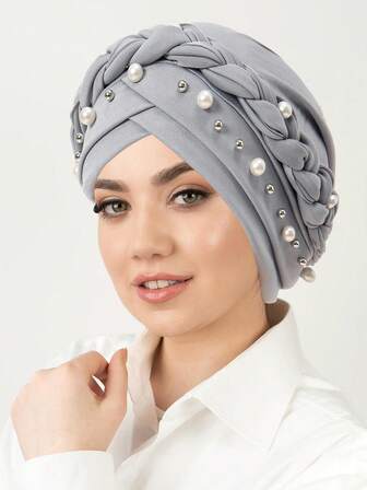 1pc Solid Color Versatile Headscarf Cap, Milk Silk Single Braid Cap With White Pearl, Muslim Women Turban Hat