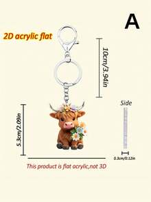 1 Set - Cute Highland Cow Acrylic Bag Charm, Floral Wreath Yak Charm, 2D Acrylic Decorative Pieces, Car Pendant, Adorable Cartoon Calf Keychain - Multicolor - View 5