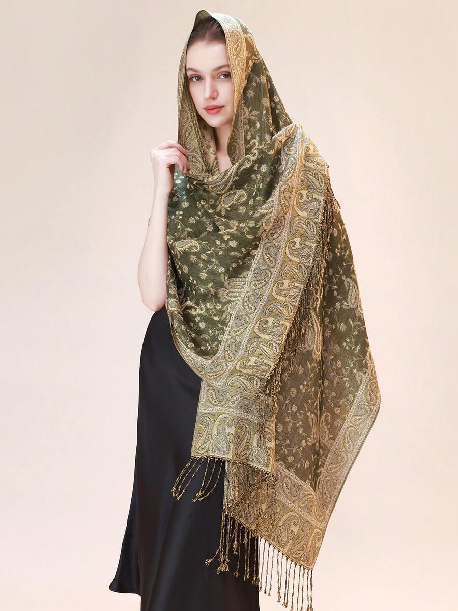 1pc 68*200cm Women's Multicolor Retro Jacquard Paisley Bohemian Style Long Tassel Windproof Shawl Scarf, Suitable For Daily Outings, Traveling, And Photo Shoots Boho, Fashion Designer New Elegant Collection Gift Wedding Bride Bridesmaid Shawl Travel