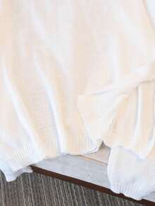 Solid Color Letter Hollow Out Knit Cover Up For Women, Round Neck Loose Long Sleeve Top, Vacation Style Slimming Outerwear - White - View 4