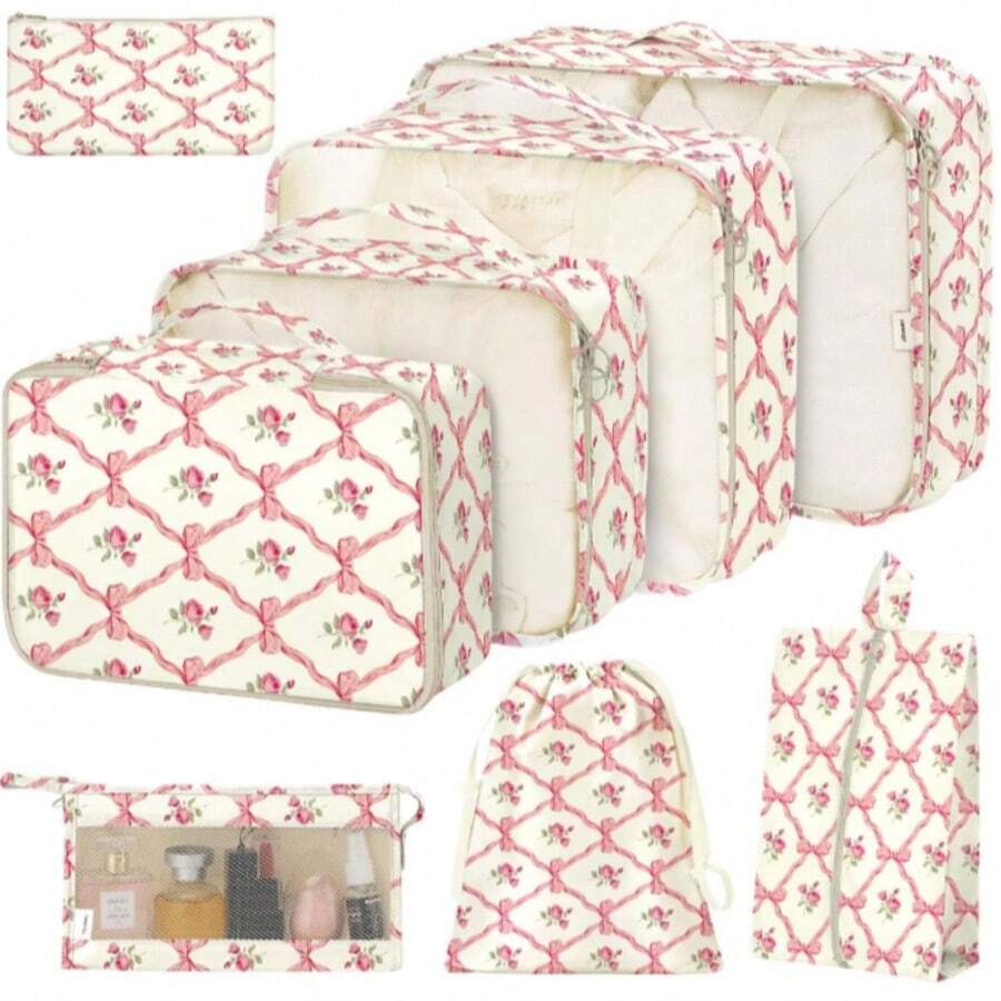 8件套旅行收纳包 - 轻松整理衣物、鞋子和内衣 - 完美适用于行李箱和旅行包打包。8个印有标语的旅行收纳包，便携设计，包含鞋袋、洗漱包和洗衣袋，适合存放学习用品、房间装饰、卧室装饰、宿舍用品，是学生和教师的理想之选。