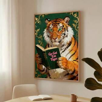 1 pieza Póster de lienzo con marco/sin marco de tigre divertido leyendo "¡Vamos a por ello, tigre!" Arte de pared motivacional y caprichoso para amantes de los libros, sala de estar, dormitorio, decoración del hogar moderna