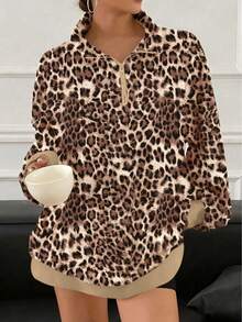 Plus Size Women Leopard Print Half Zip Loose Sweatshirt Casual Vacation Spring - Khaki - View 4