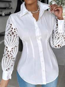 Women's Elegant Lace Hollow Sleeve Blouse - White - View 2