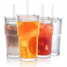 20oz Vertical Stripes Glass Coffee Cups With Lid & Straw Set Of 4 Premium Thickened Glass For Iced Coffees Cocktails Juices Family Use & Parties Leak Proof Tumblers Drinkware Stylish - 2Pack - View 1