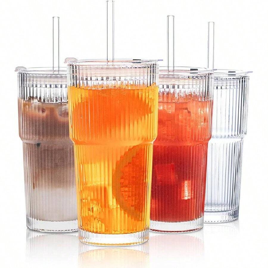 20oz Vertical Stripes Glass Coffee Cups With Lid & Straw Set Of 4 Premium Thickened Glass For Iced Coffees Cocktails Juices Family Use & Parties Leak Proof Tumblers Drinkware Stylish - 2Pack - View 1