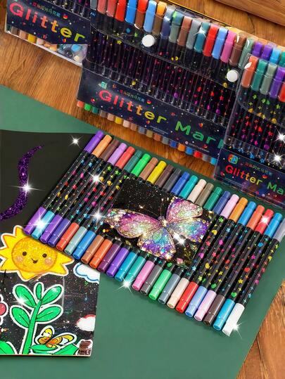 96/72/48/24 Colors Double-Ended Glitter Pens, Dual-Tip Highlighters With Shimmer Powder, Watercolor Pens, Gel Pens, Fluorescent Pens, Painting Brushes, Glitter Pens, Back To School Supplies