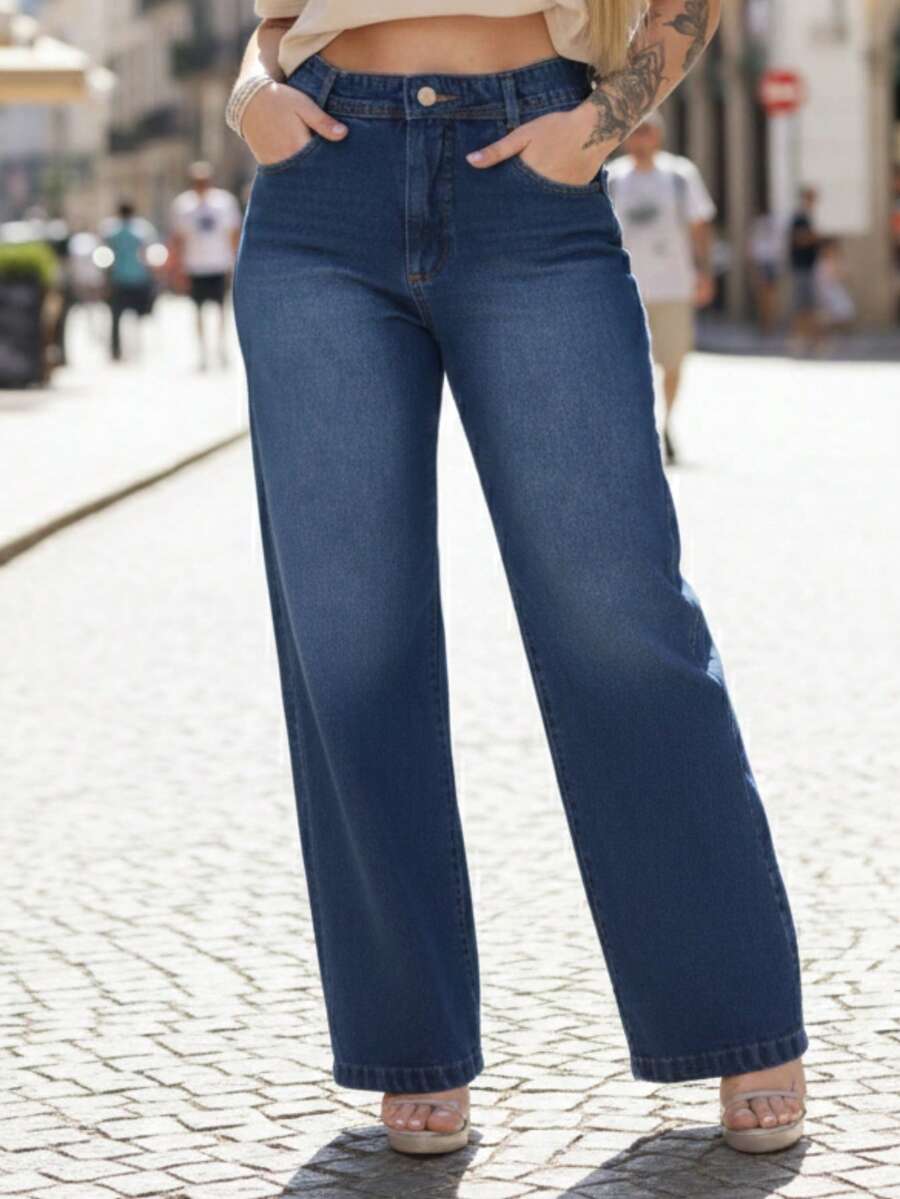 Wide Leg Women's Pants, Marbled Pattern, Wide Leg, High Waist, Thick Fabric, 100% Denim - Màu xanh lam - Xem 1