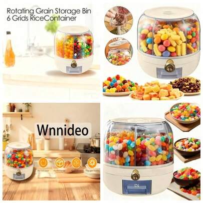 Multi - Compartment Rotating Candy Snack Dispenser - 30LB Large Capacity Holder Halloween Candy, Treats, Cereal, Grains Pet Food - Includes Lid Spoon