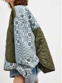 New Women's Warm Quilted Printed Patchwork Button Lightweight Cotton Coat, Slim Fit, Suitable For Autumn And Winter. - 軍綠色 - 查看 4