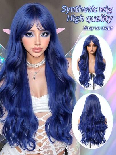 可爱假发 - 海军蓝中分刘海长卷发 28 英寸日常仿真头皮自然女士假发，适合派对角色扮演婚礼