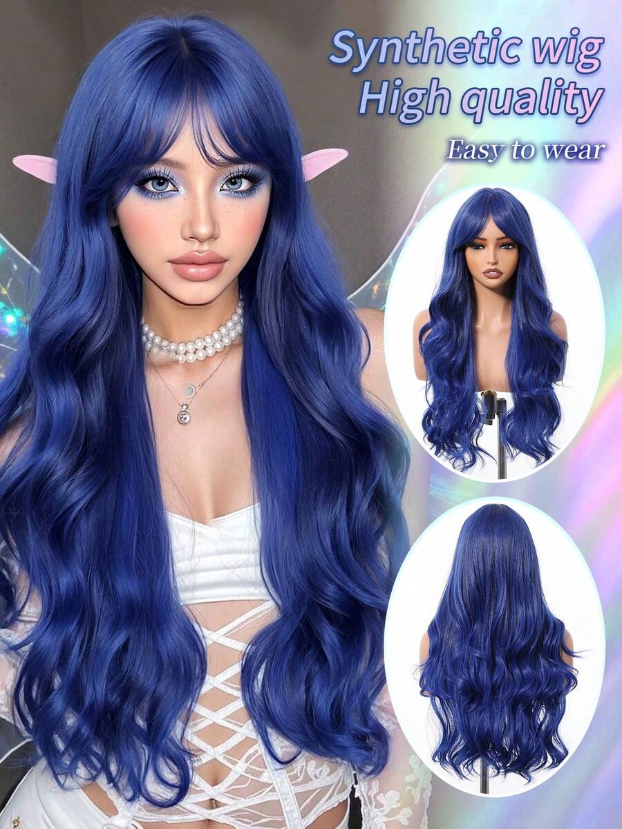 Cute Wigs - Navy Blue Medium Part Bangs Long Curly 28-Inch Daily Simulation Scalp Natural Woman Wigs For Party Cosplay Wedding - Navy Blue - View 1