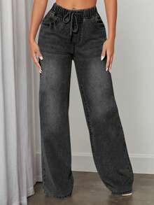 Quần jeans nữ ống rộng cạp chun, kiểu dáng thoải mái, màu trơn, chất liệu vải dệt dễ thương, gợi cảm, chất liệu cotton pha thoải mái, mẫu mới màu đen cho mùa xuân/hè. - màu đen - Xem 1