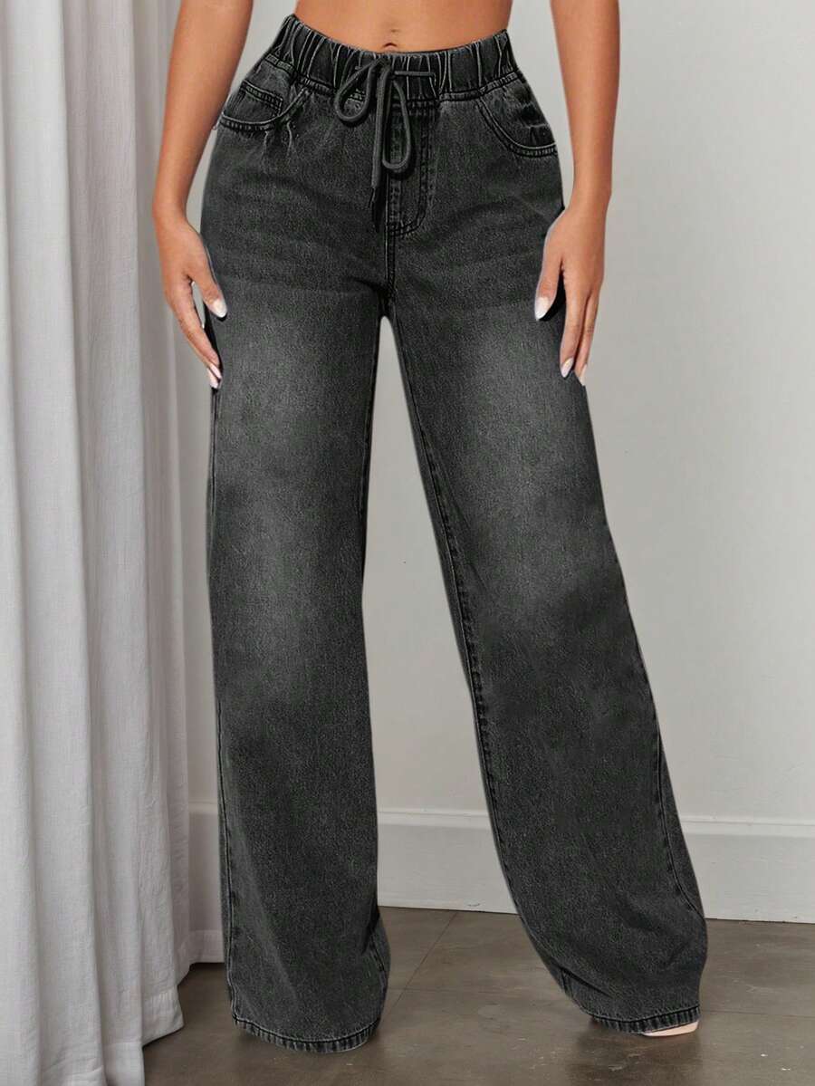 Quần jeans nữ ống rộng cạp chun, kiểu dáng thoải mái, màu trơn, chất liệu vải dệt dễ thương, gợi cảm, chất liệu cotton pha thoải mái, mẫu mới màu đen cho mùa xuân/hè. - màu đen - Xem 1