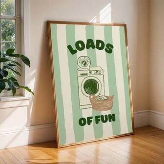 1 pieza/Set Póster de arte de pared de lavandería vintage en lienzo - Diseño interesante de lavadora y canasta con texto "Lavandería interesante" - Decoración de lavandería a rayas verde pálido y blanco - Pintura en lienzo sin marco, adecuada para lavandería, dormitorio, sala de estar
