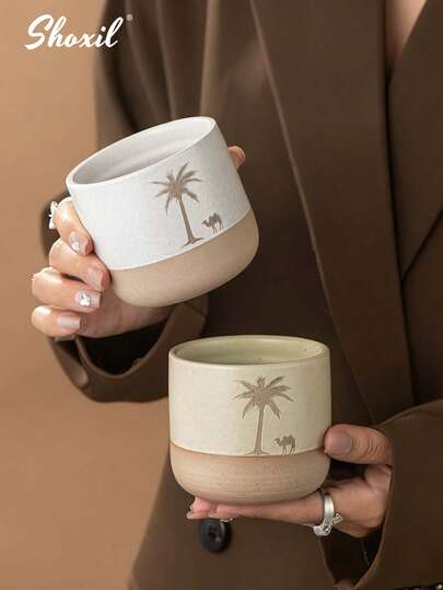 shoxil 1pc 200ml Coffee Cup, Espresso Cup With Palm Tree And Camel Pattern, Tea Cup, Milk Cup, Saudi Coffee Cup, Middle Eastern Saudi Style Design, Suitable For Afternoon Tea, Living Room, Family Gatherings, Ramadan/Eid Al-Adha Gift, Cafe, Hotel, Office And More