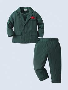 BOARNSEORL 2pcs Baby Boys Gentleman Suit Set, Blazer With Bowknot And Pants, Suitable For Daily Outings, Christmas Party, 1st Birthday, Wedding, Formal Events - Green - View 3