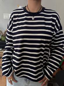 Womens Loose Tunic Tops Long Sleeve Round Neck Stripes Print T-Shirts Spring Fall Blouses - Navy Blue - View 7