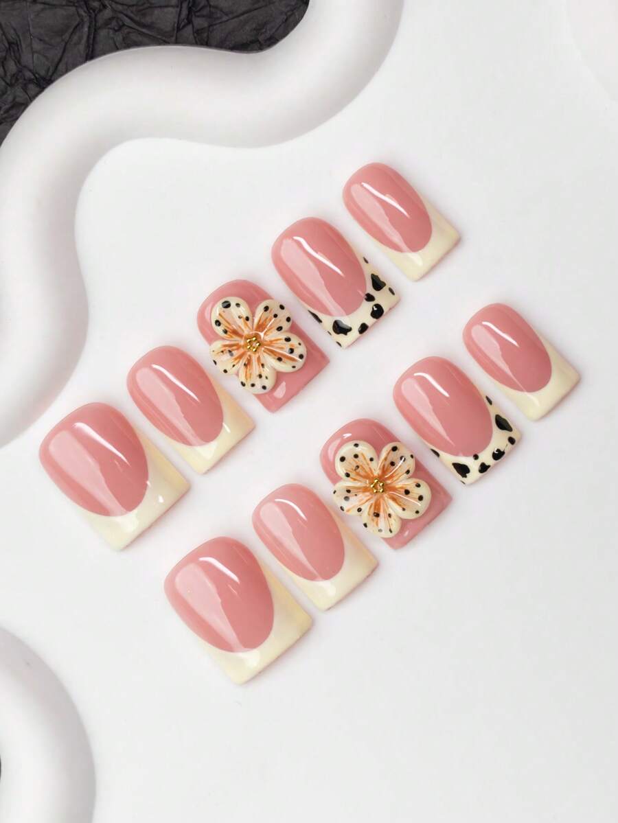10pcs Square Shaped Handmade Nail Tips, Y2K Baddie Style, Nude & Yellow Color With French Tips, Floral & Cream Texture Design, Handcrafted Nail Art Decor, Suitable For Women & Girls, Party, Wedding, Daily Wear, Includes Tool Kit, Great Gift For Ladies Nails Nail Supplies Handmade Press On Nails - Multicolor - View 1