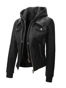 Women's Streetwear Faux Leather 2-In-1 Hoodie Jacket Black Zip Up Pocket Edgy Casual Fall Winter Outerwear Women's PU Leather Jacket - màu đen - Xem 2
