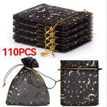 5/30/60/110个装黑色/白色金属箔薄纱袋，带麻绳系带，星座主题宰牲节月亮星星图案布艺礼品袋，适用于派对回礼、珠宝包装和婚礼礼物 - 彩色 - 查看 15