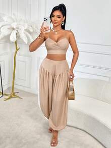 AIJ Amarilo休闲度假性感可调节吊带背心，饰有扭结细节，搭配宽松可调节阔腿裤，带口袋，夏季款 - 卡其色 - 查看 3