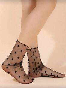 1 双女士丝袜，透明网眼丝袜，黑色薄袜，经典波点元素，精选轻薄网眼面料，复古时尚。 - 黑色 - 查看 3