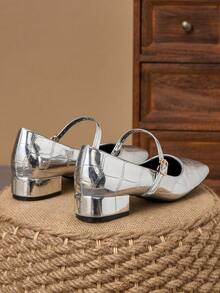 Zapatos de tacón bajo cuadrado con punta cuadrada y textura metálica plateada - 3cm - Plateado - Ver 6