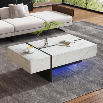 Modern White Coffee Table With LED Lighting, Glossy Lacquered Top, Marble Pattern - 105 X 60 X 35 Cm - Coffee Table Or Sideboard With An Original Design For The Living Room