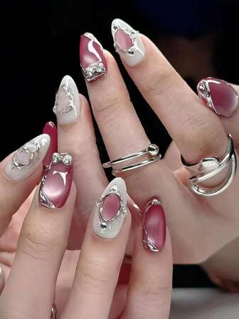 30pcs Medium-Long Almond-Shaped 3D Asymmetrical Glitter Metal Cat Eye Butterfly Decor Nail Stickers, Removable, Suitable For Women's Daily, Work, Date Wear, Includes 1pc Jelly Gel + 1pc Nail File