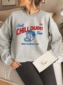 Retro Cartoon "CHILL DUDE" Printed Grey Crew Neck Sweatshirt, Casual Top, Plus Size Knit Sweatshirt, Crew Neck Long Sleeves, Ribbed Knit Details, Winter Lining, Women's Sweatshirt, Pullover, Plus Size Sweatshirt, Plus Size Women's Clothing, Autumn And Winter Season, Comfortable Plus Size Fit, Plus Size Autumn And Winter Clothing, Everyday Wear. - Light Grey - View 4