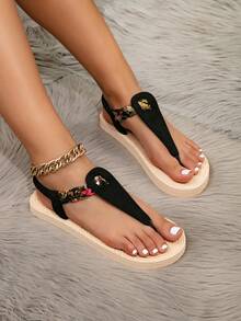 Women's Flip Flops Flat Thong Sandals With Colorful Laces, Paisley Pattern, Tropical Print, Tie-Dye, Metallic Accent, Color Block, Bohemian, Casual, Fashion, Beach, Holiday, Summer - Black - View 2