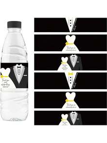 24张婚礼贴纸，婚礼水瓶标签，婚礼礼服图案水瓶贴纸，黑色长方形瓶贴，适用于派对装饰、婚礼装饰贴纸、婚礼水瓶装饰、新郎新娘水瓶贴纸、新娘送礼会装饰、水瓶标签、婚礼用品 - 彩色 - 查看 1
