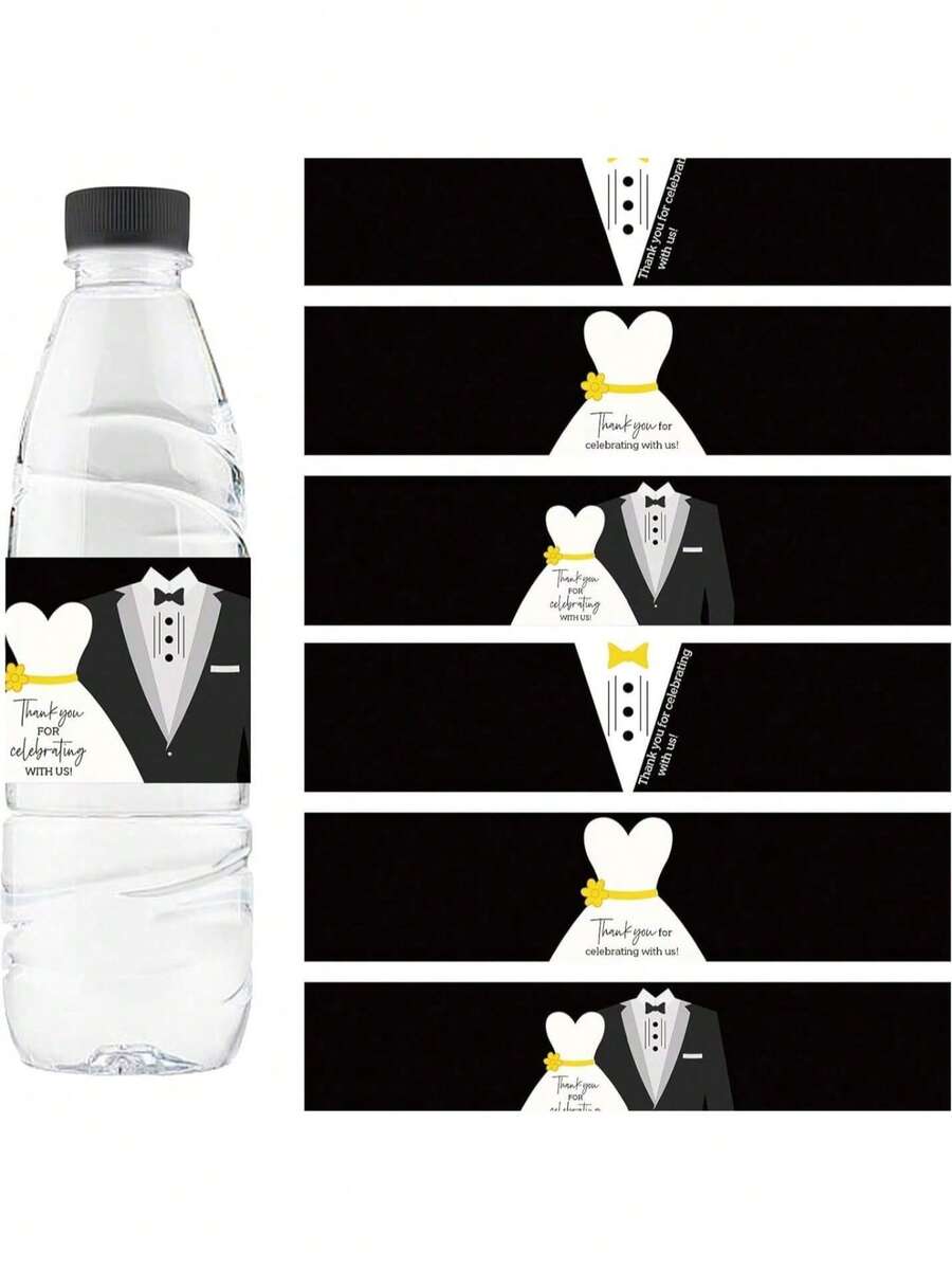 24张婚礼贴纸，婚礼水瓶标签，婚礼礼服图案水瓶贴纸，黑色长方形瓶贴，适用于派对装饰、婚礼装饰贴纸、婚礼水瓶装饰、新郎新娘水瓶贴纸、新娘送礼会装饰、水瓶标签、婚礼用品 - 彩色 - 查看 1