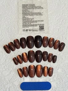24片Y2K高品质棕色猫眼美甲贴片，杏仁形短款设计，完美贴合假指甲套装，包含：1瓶果冻胶和1把指甲锉，适合女性和女孩日常佩戴、派对、节日、美甲等场合。 - 咖啡棕 - 查看 3