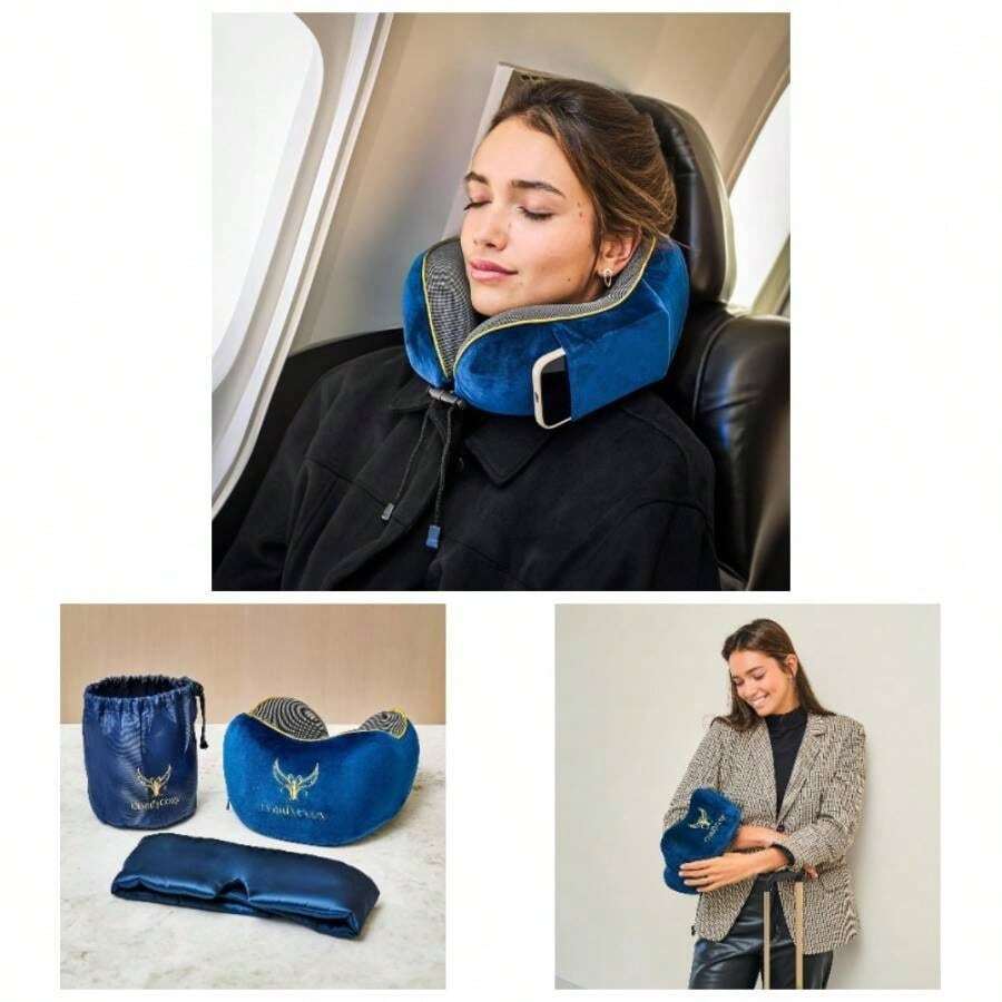 Luxury Travel Pillow And Silky Plush Eye - Sleeping Traveling Airplane Essentials - Foam Neck Support Pillows Plane Car Flying - International Flight Must Haves Essentials - 海軍藍/金色 - 查看 1