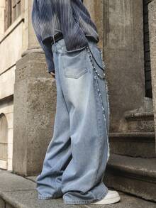男士宽松直筒复古水洗做旧牛仔裤，四季皆宜 - 淺色水洗藍 - 查看 8