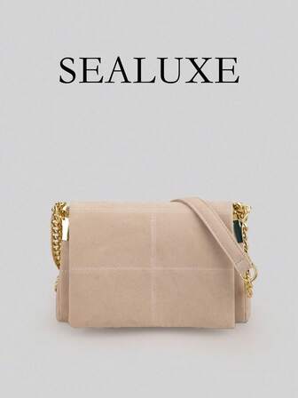 Vintage Quilted Suede Square Bag, Modern Minimalist Luxury Style Women's Shoulder Bag, Decorated With Embroidery Thread And Metal Chain, Zipper Closure, Suitable For Daily Shopping And Casual Wear