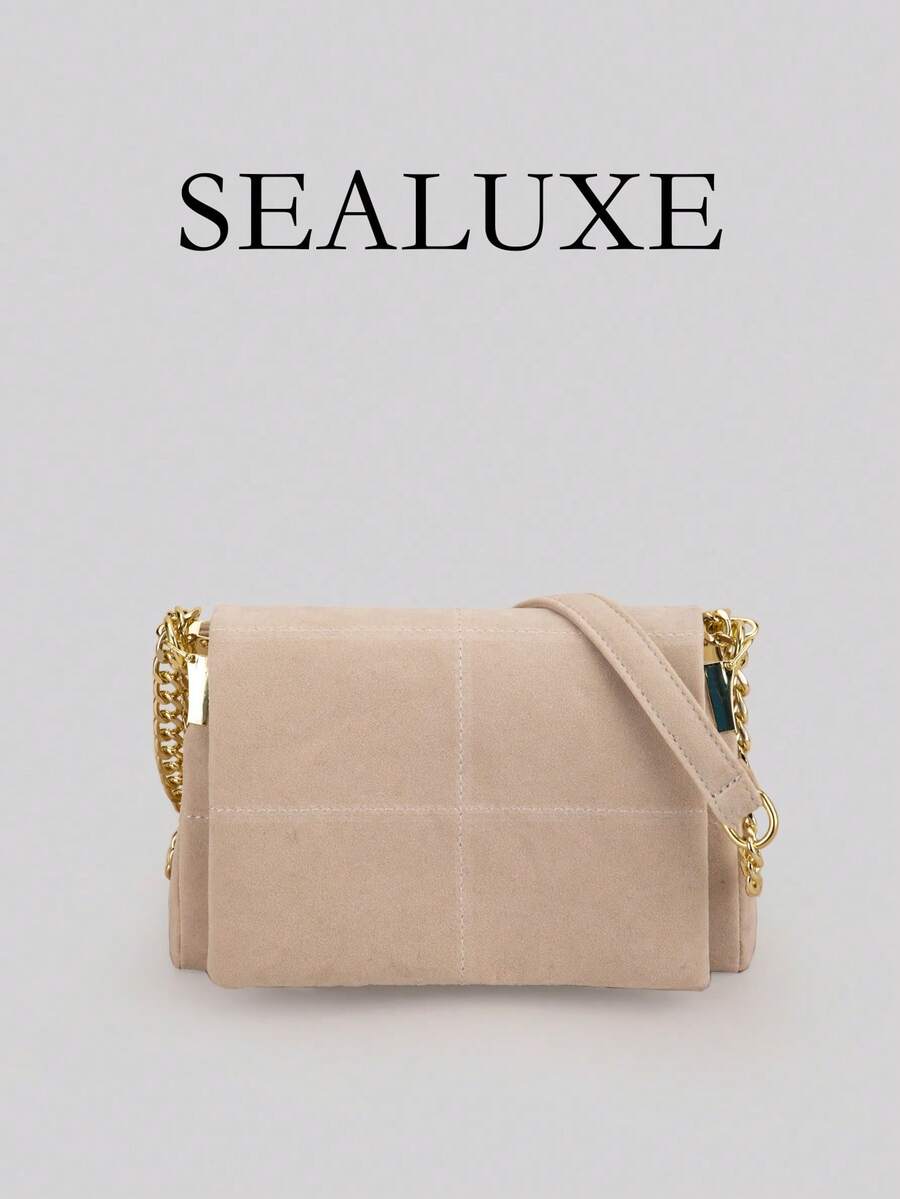 复古绗缝麂皮方形包，现代简约奢华风格女士单肩包，饰以刺绣线和金属链，拉链封口，适合日常购物和休闲穿着 - 米色 - 查看 1