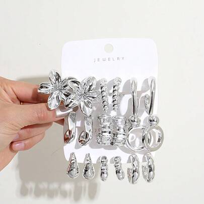 1-9 Pairs Of Minimalist Wind Power Silver-Plated Flower/C-Ring/Geometric Style Earrings, Plastic Material, Suitable For Daily Commuting Wear.