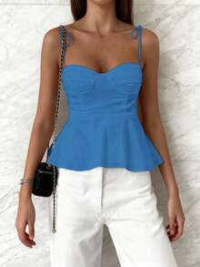 Women's Casual Y2K Sleeveless Ruffle Tie-Front Slim Cami Top, Elegant French Minimalist Crop Tank For Vacation, Office And Outing, Spring Summer Fall - Bright Blue - View 4