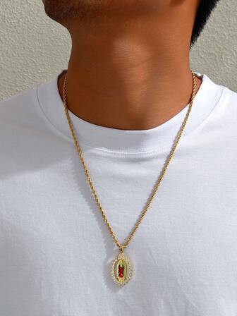 1 Peça Colar Vintage Banhado a Ouro 18K em Aço Inoxidável + Pingente Oval Oco de Nossa Senhora em Esmalte, Colar de Aço Inoxidável Banhado a Ouro de Luxo com Pingente de Nossa Senhora com Zircônia, Unissex, Adequado como Joia de Presente para Feriados