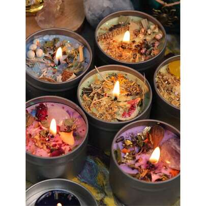 1个复古铁罐花香蜡烛，天然大豆蜡，持久留香，适合家居装饰 | 精致礼品、派对用品、房间装饰（由于手工制作，干花摆放位置随机）