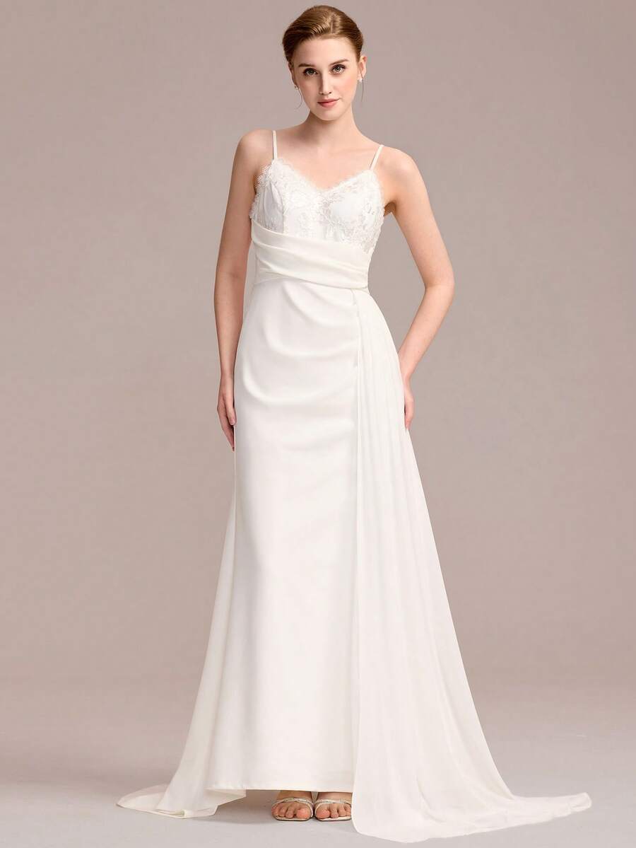 Elegant Embroidered Sleeveless Spaghetti Strap Wedding Gown With Flowing Overlay Summer Little White Dress For Lawn Weddings & Garden Parties - White - View 1