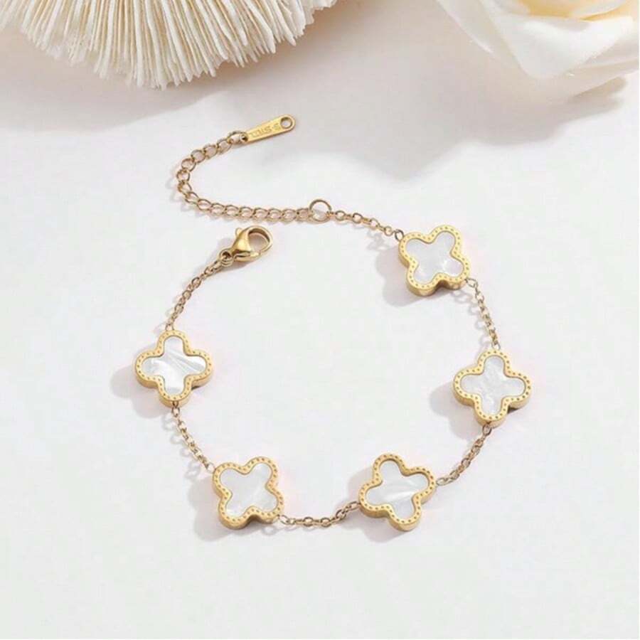 Gold Plated Jewelry Bracelet For Women Van Cleef Non Tarnish Bracelet Charm Flower Bracelet For Women Black+White-YRSH012 - Đen và trắng - Xem 1