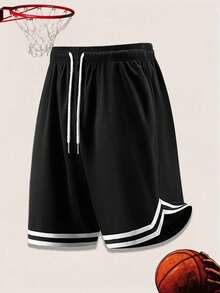 Men's Summer Sports Basketball Shorts, Drawstring Elastic Mesh Quick-Dry Knee-Length Shorts - Black - View 2