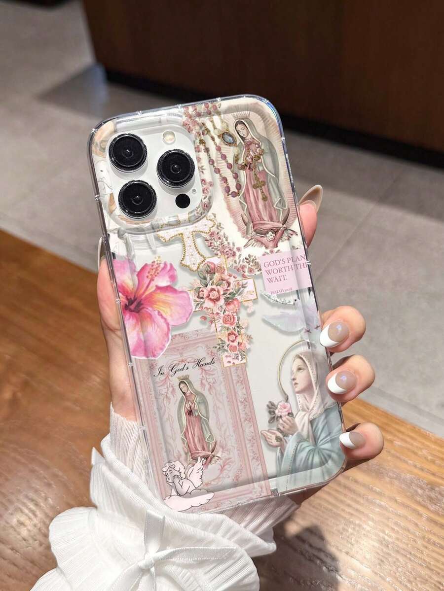 1pc Personalized Cross & Virgin Mary Graphic Aesthetic Pattern Transparent TPU Shock-Absorbing Anti-Fingerprint Phone Case Compatible With IPhone 16 Pro/16 Plus, 15/15 Pro Max/15 Pro, 11/12/13/14 Pro Max, 11 Pro/11 Pro Max, 12 Pro/12 Pro Max, 13 Pro/13 Pro Max, 14 Pro/14 Pro Max, Soft Case, High-End Creative Design - Multicolor - View 1