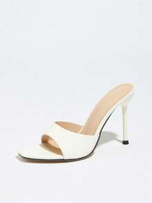 Women's High Heel Sandals, Fashionable And Sexy, Featuring Chunky Heel, Wide Strap, Mule Design, High-End Mirror Finish, Delicate Water Wave Stone Texture, Crocodile Pattern, Romantic And Elegant, Bright White Color, Small Square Toe, Slim High Heel, Suitable For Night Club, Party, Stage, Outdoor, Campus, Travel, Valentine's Day, Mother's Day, Women's Day, Thanksgiving, Christmas, New Year Gift - White - View 4