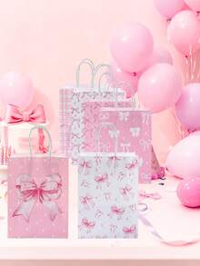 6pcs Pink Bow Gift Bags With Handles, Pink Bow Birthday Party Wedding Favor Bags, Pink & White Bow Mixed Design Gift Packaging Bags, Suitable For Baby Shower, Birthday Party Decor, Birthday Party Favor Supplies, Gift Tote Bags, Pink & White Bow Tote Bags, Candy Bags, Table Decor, Gender Reveal Party Supplies, 2026 New Year, Baby Shower Decor, Gender Reveal Party Decor, Birthday Gifts - Bow - View 3